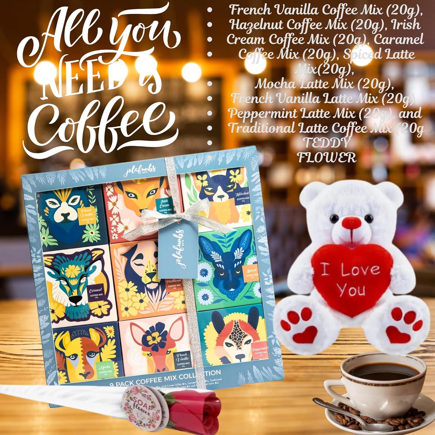Thoughtful coffee hamper with card, flower, and teddy