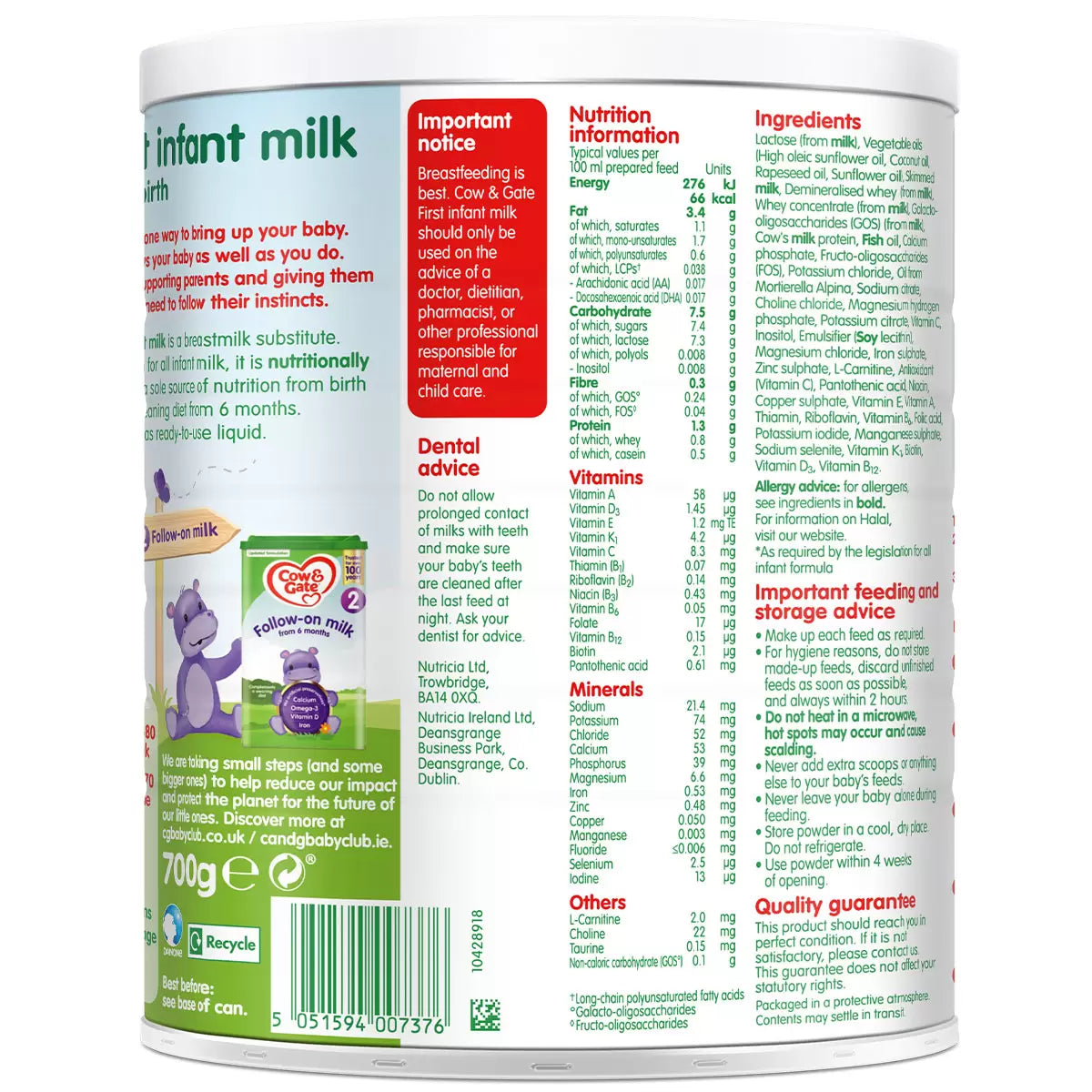 Cow & Gate 1 First Infant Milk Powder – 3 x 700g, Nutrient-Rich Formula for Babies