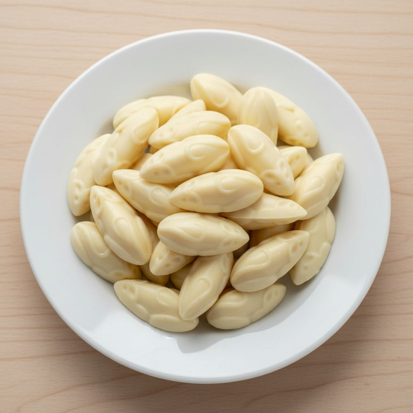 Classic white chocolate mice in reusable tub