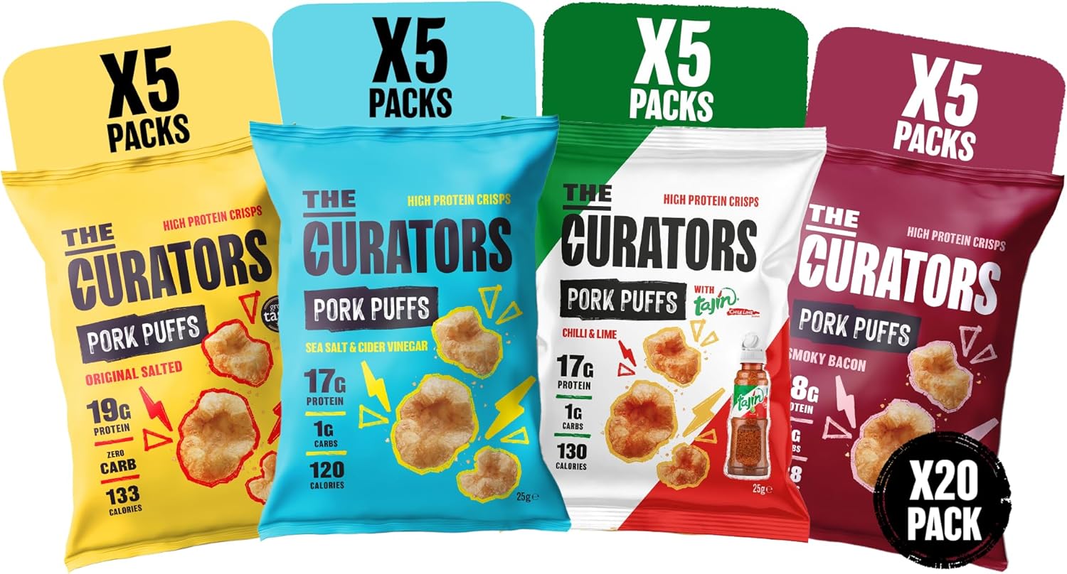 THE CURATORS Pork Puffs four flavour selection pack 20 bags