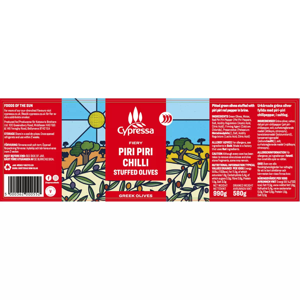 Cypressa Piri Piri Chilli Stuffed Olives, 990g β Bold & Zesty