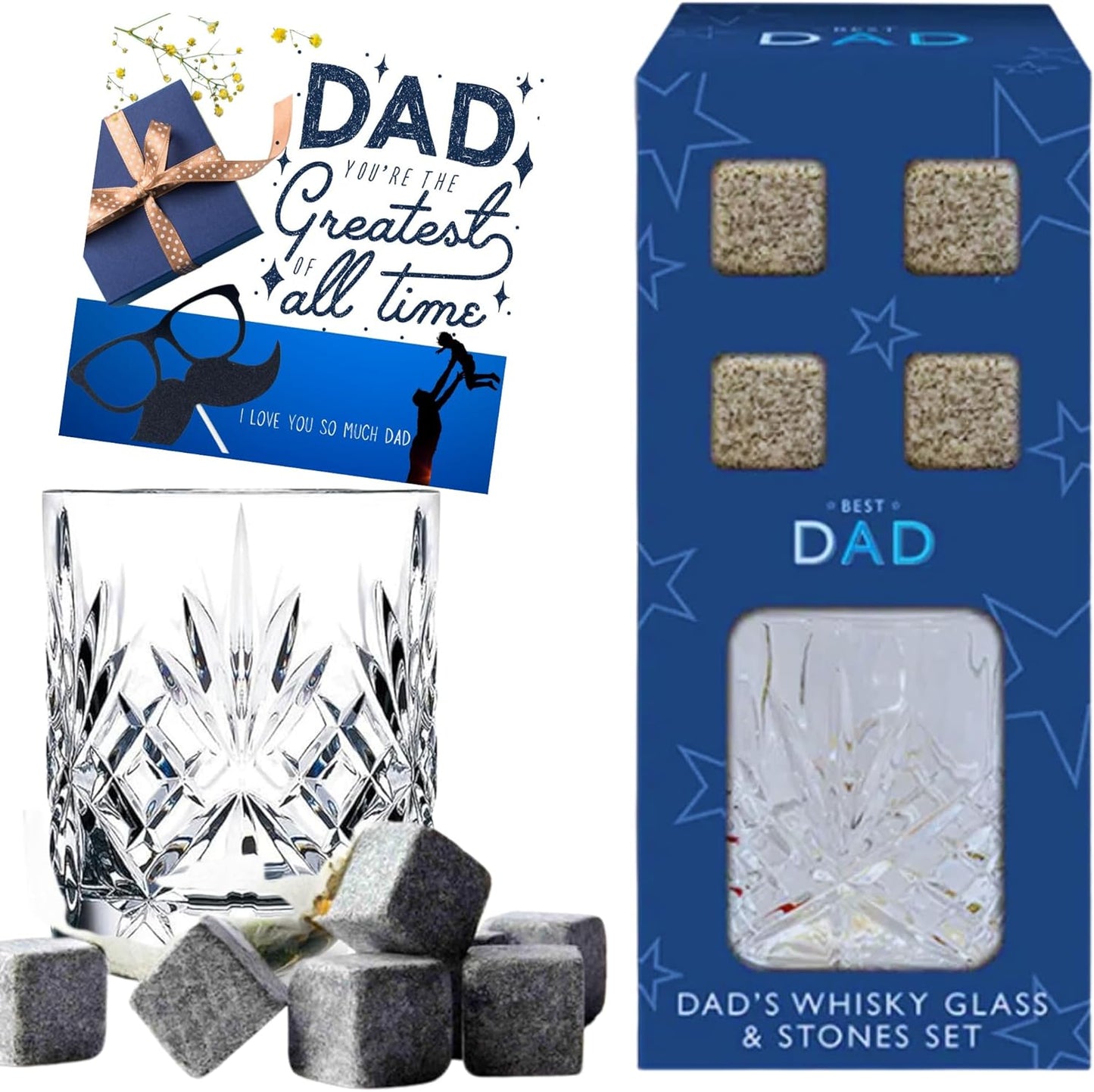 Whiskey glass and stones gift set for Dad in stylish packaging