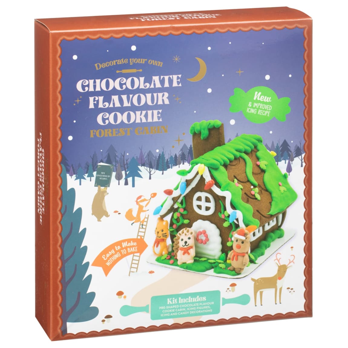 Christmas chocolate cookie cabin with icing and candy decorations