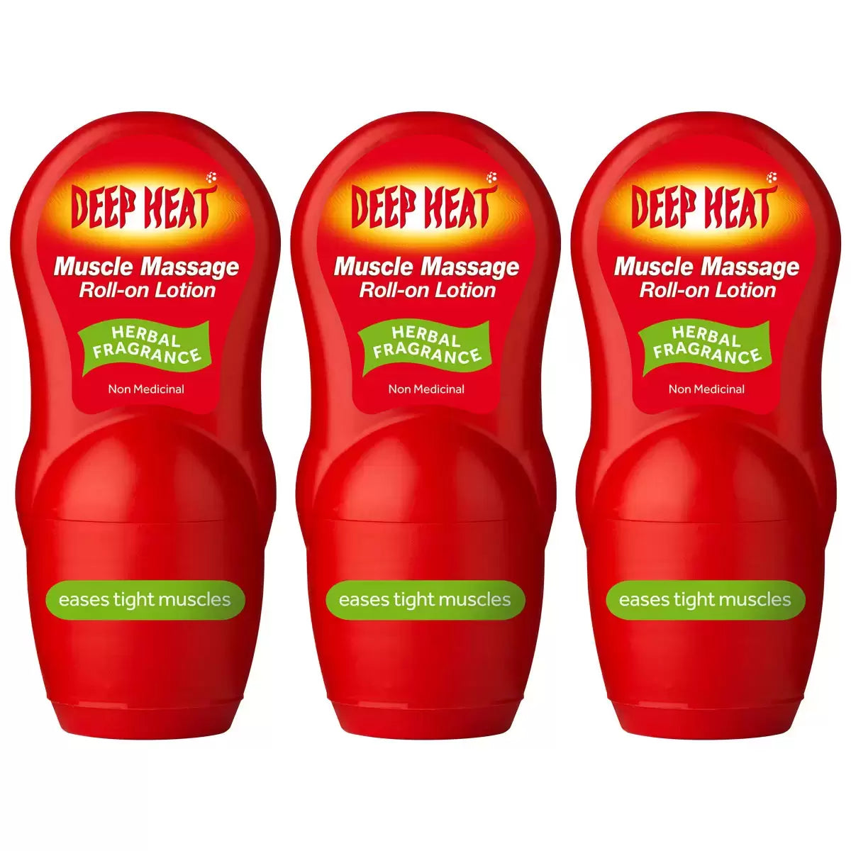 Deep Heat Muscle Massage Roll-On Lotion 3x50ml pack for joint pain relief.