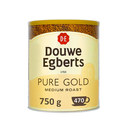 Douwe Egberts Pure Gold 750g instant coffee tin with rich aroma