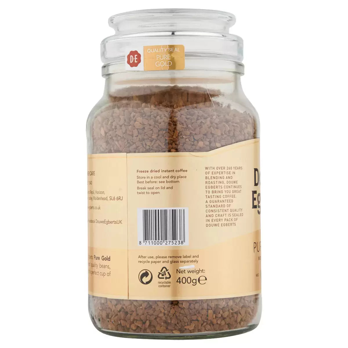 Pack of Douwe Egberts Pure Gold Instant Coffee Granules 400g for long-lasting supply