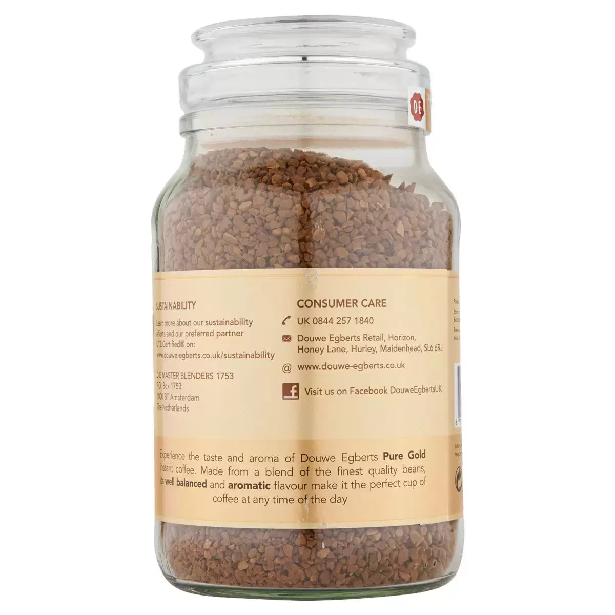A cup of freshly brewed Douwe Egberts Pure Gold Instant Coffee made from 400g granules