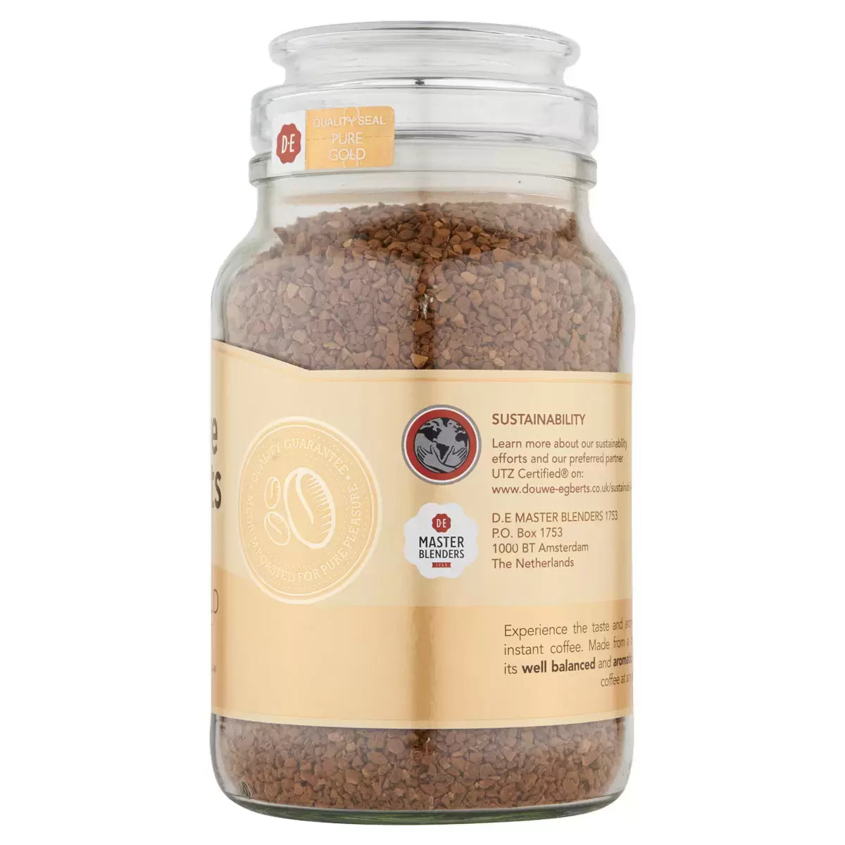 Close-up of Douwe Egberts Pure Gold Instant Coffee Granules showcasing rich texture