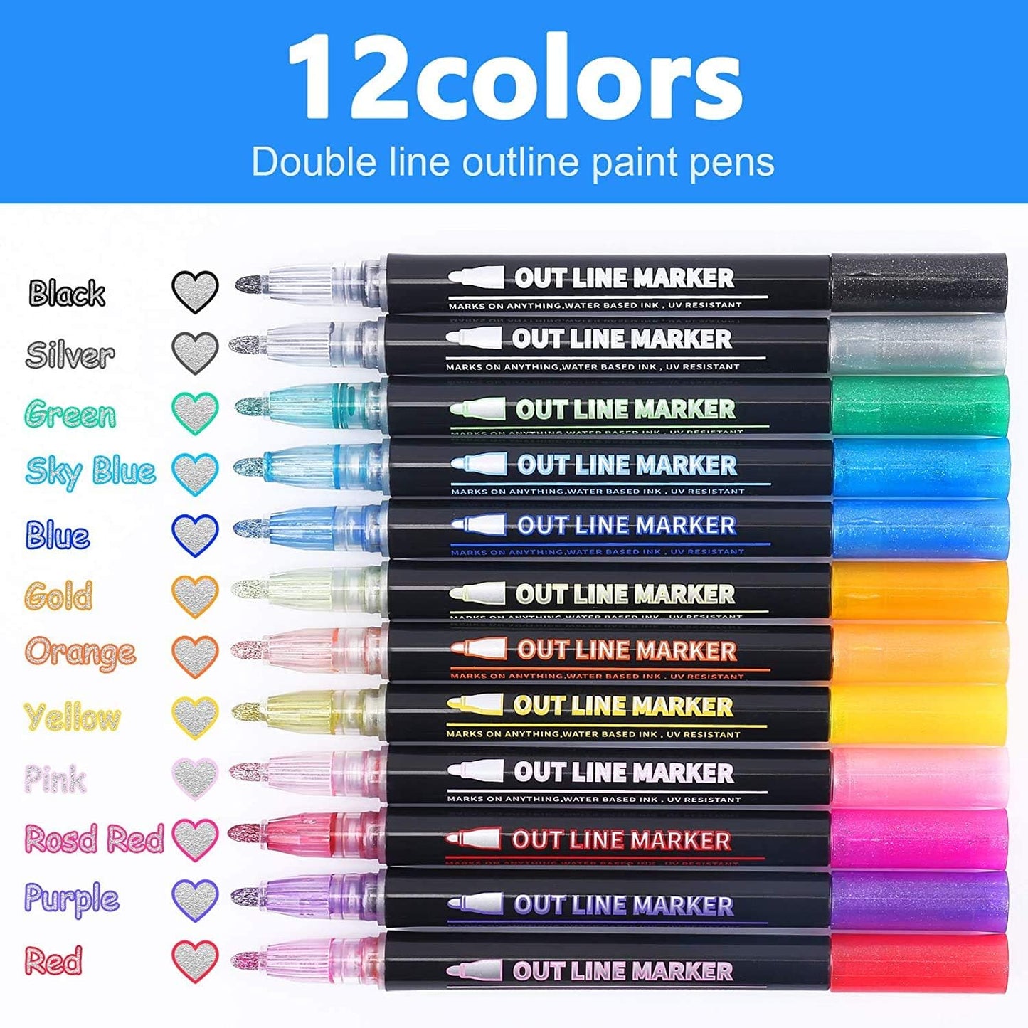 Outline pens with silver shimmer and colourful borders