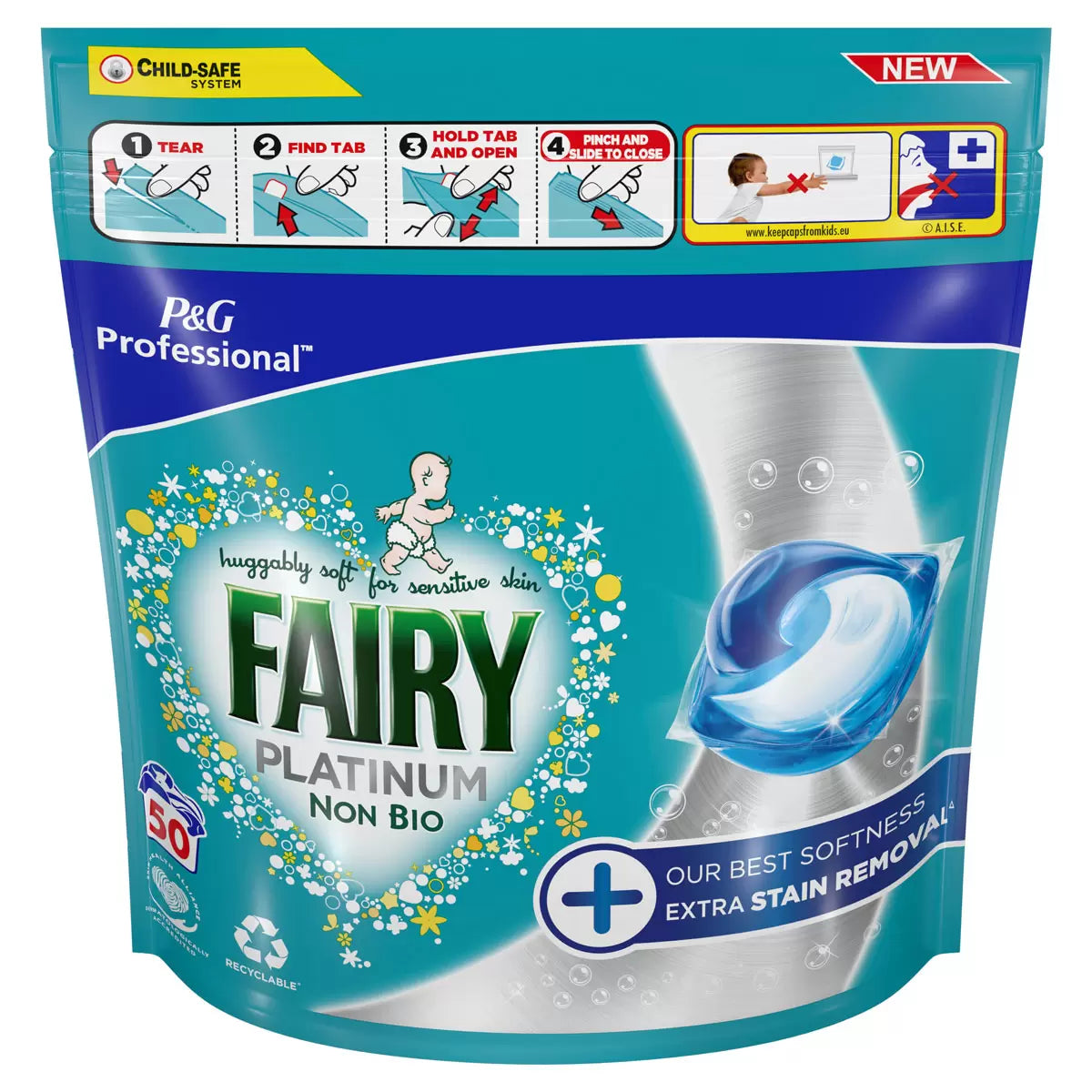Fairy Non Bio Platinum Pods with extra stain removal, ideal for sensitive skin.