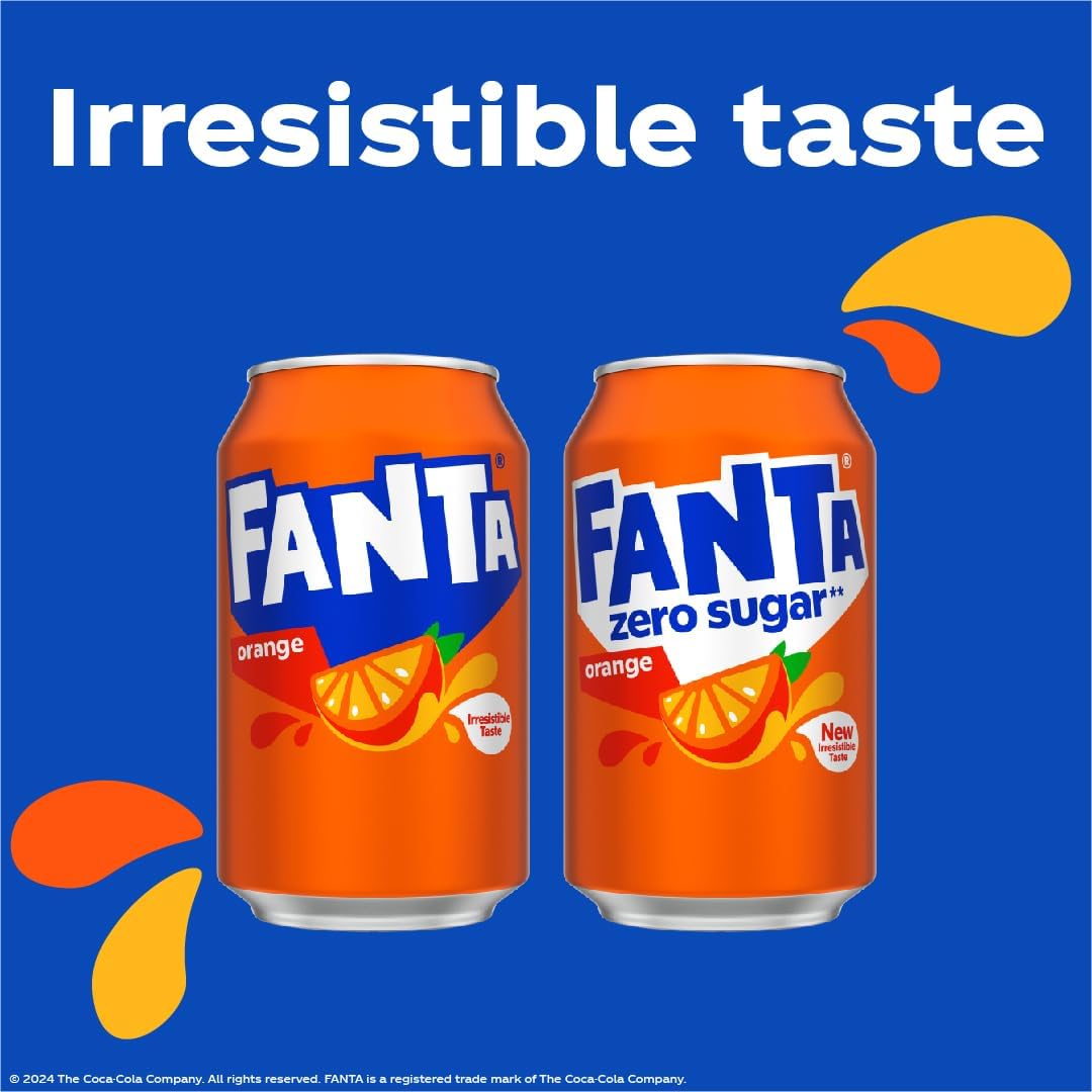 Sugar-free Fanta Zero Orange soft drink cans, perfect for parties or everyday refreshment