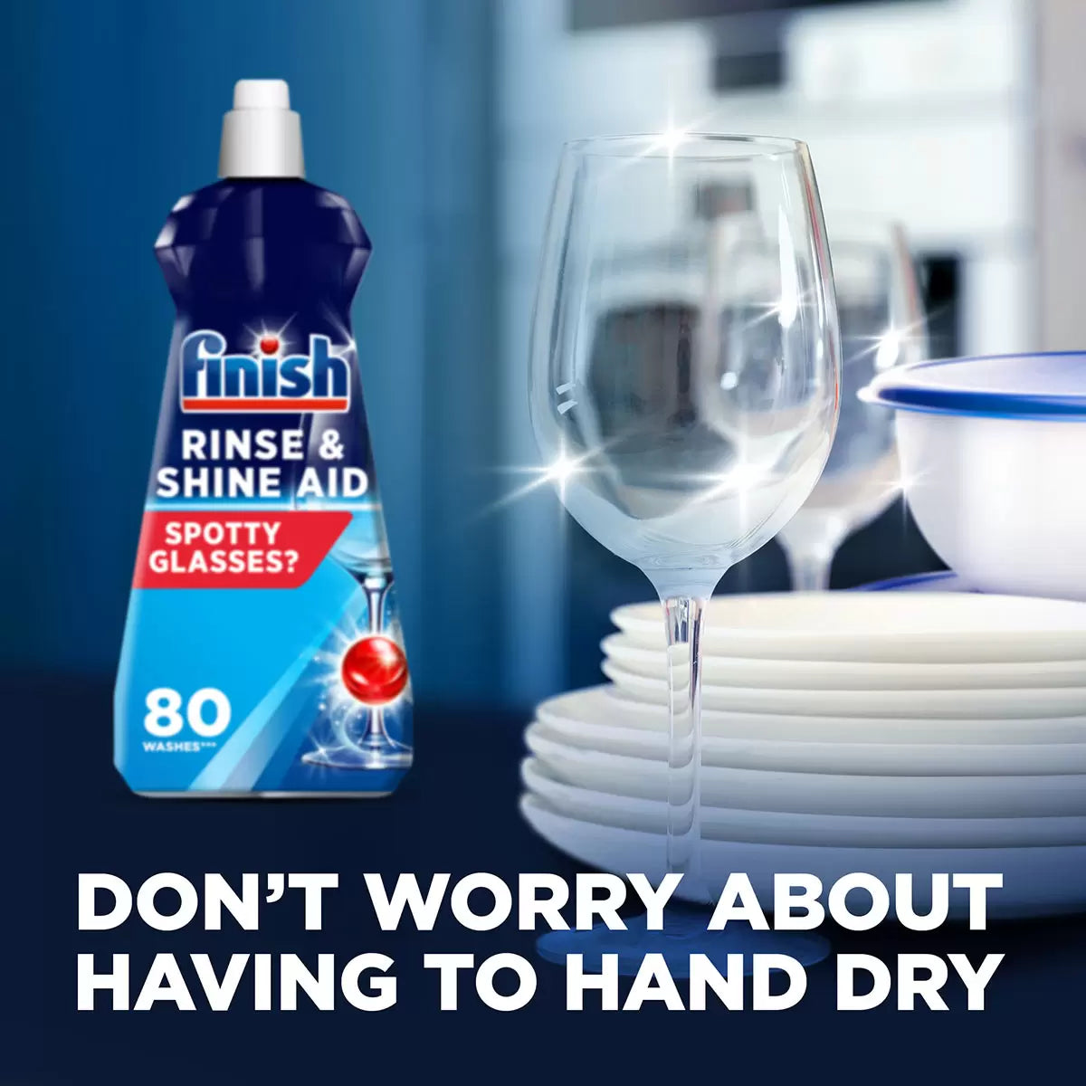 Finish Dishwasher Rinse Agent ensuring streak-free, shiny dishes after every wash