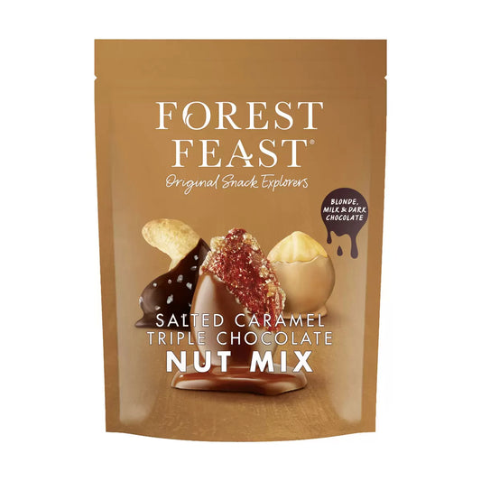 Forest Feast Salted Caramel Triple Chocolate Nut Mix 900g, featuring caramelized almonds, salted cashews, and hazelnuts in Belgian chocolate
