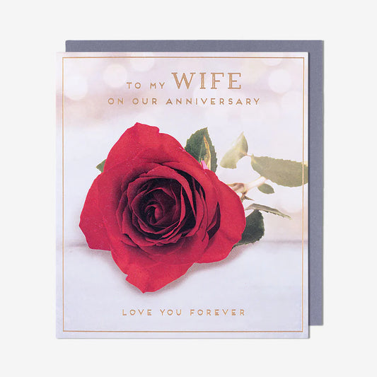 Forever Love red rose anniversary card for wife with elegant floral design