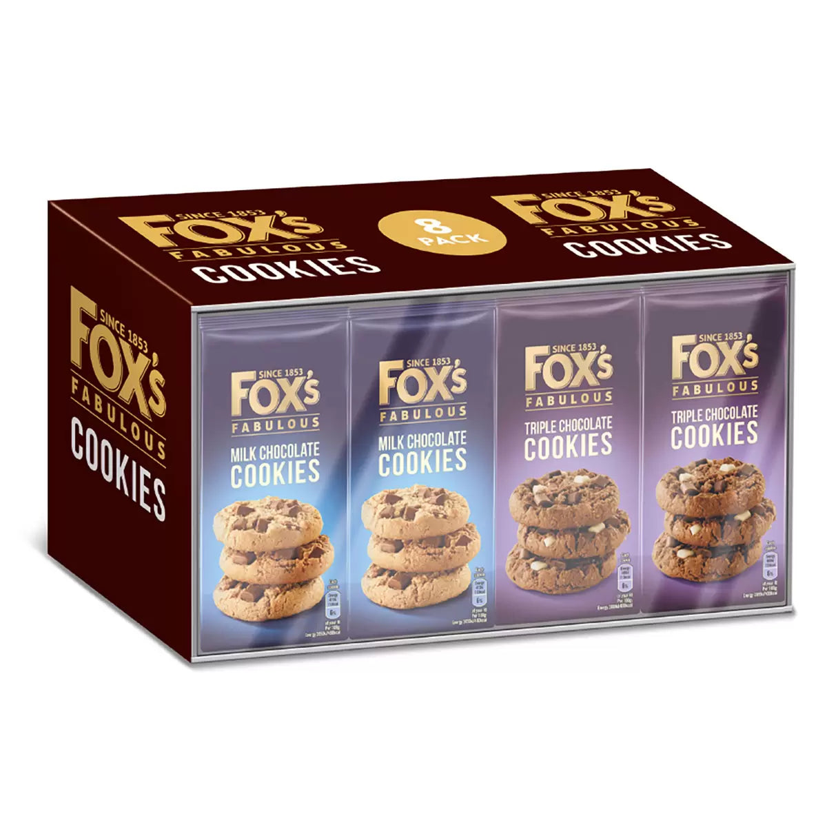 Fox's Fabulous Cookies Assortment 8 x 180g, featuring Milk and Triple Chocolate Cookies