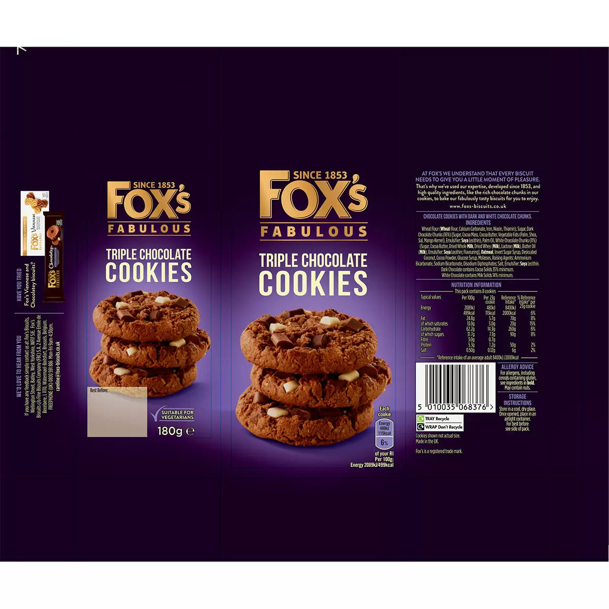 Fox's Fabulous Milk Chocolate Cookies 180g pack, rich in chocolate chunks