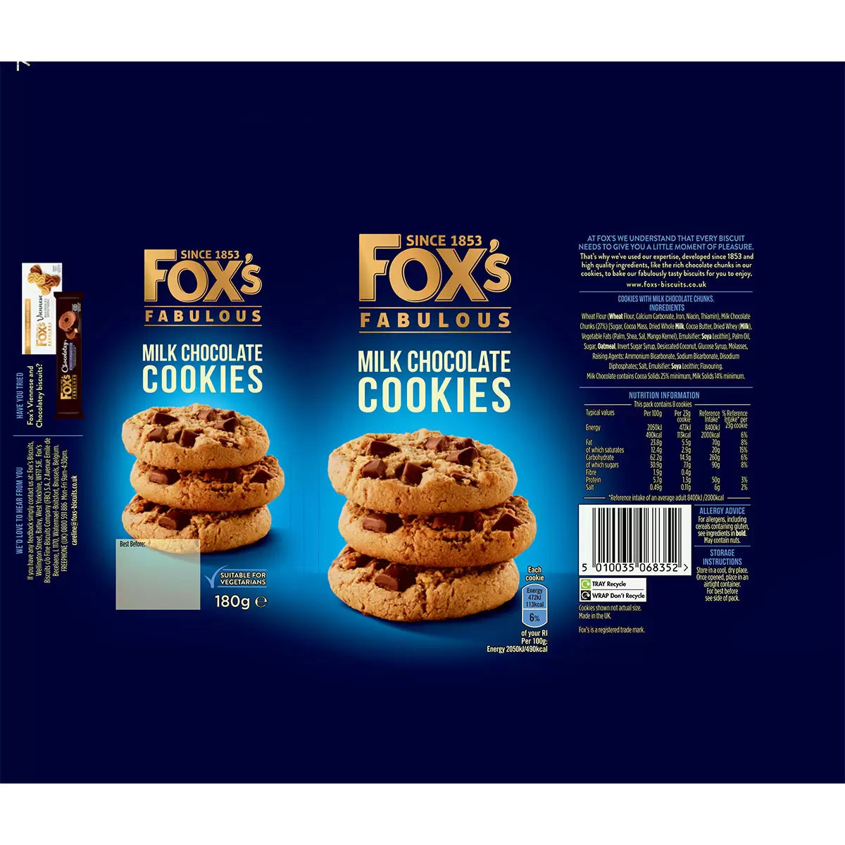 Fox's Fabulous Triple Chocolate Cookies 180g pack, a blend of milk, dark, and white chocolate