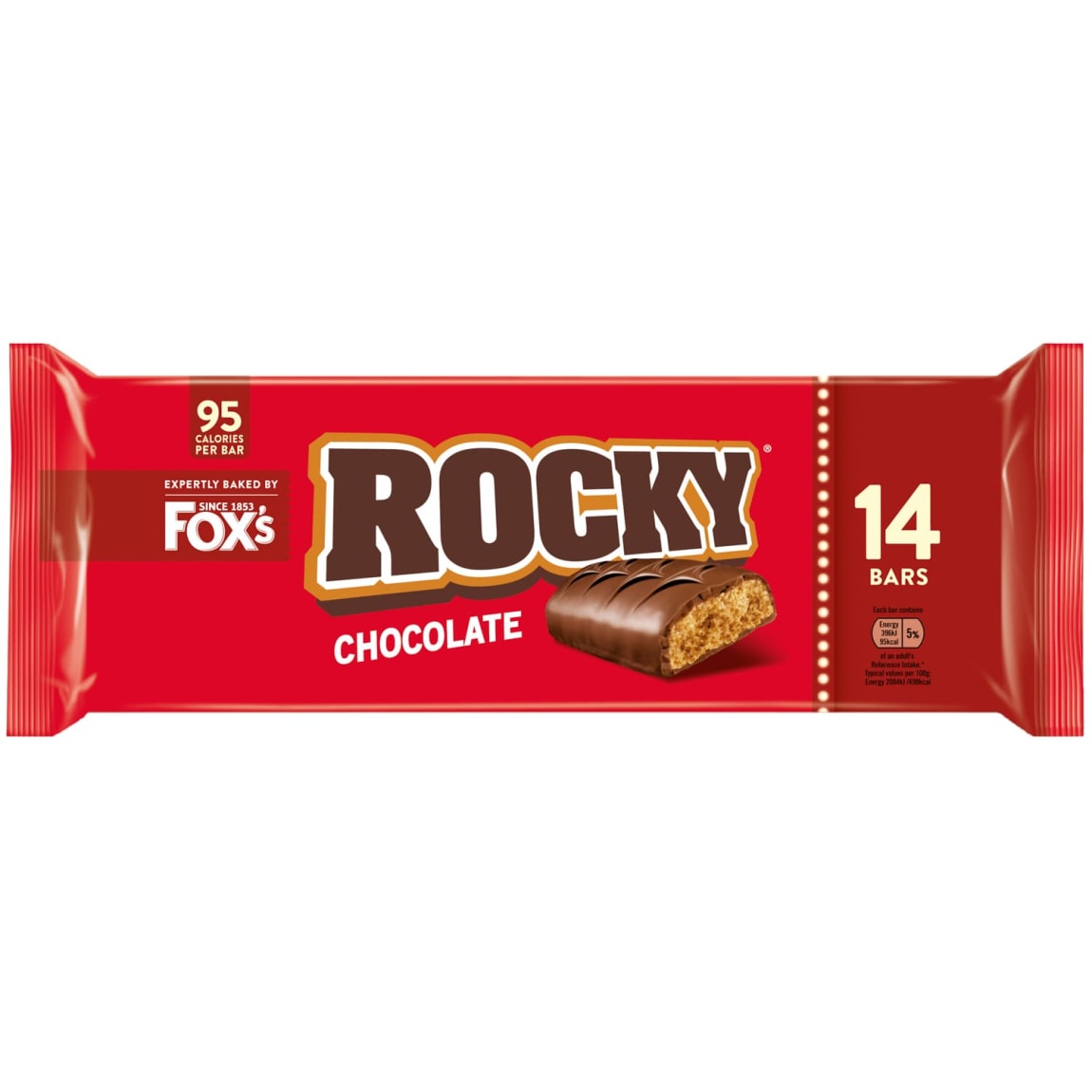 Fox’s Rocky Chocolate Bars 14pk with layers of chocolate, caramel, and crisp biscuit for a satisfying snack