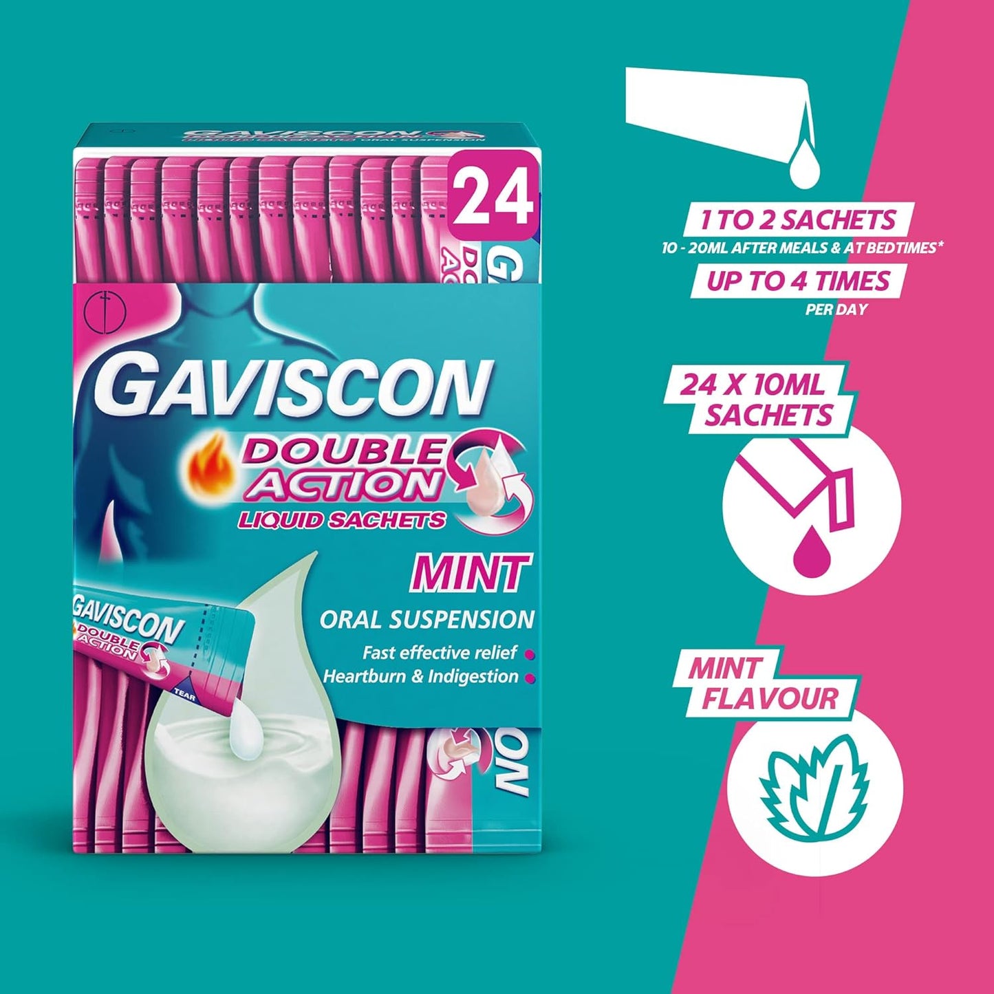 24 sachets of Gaviscon Double Action for long-lasting relief from heartburn.