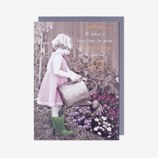 Friendship greeting card featuring a girl watering flowers with a heartfelt message, perfect for special friends