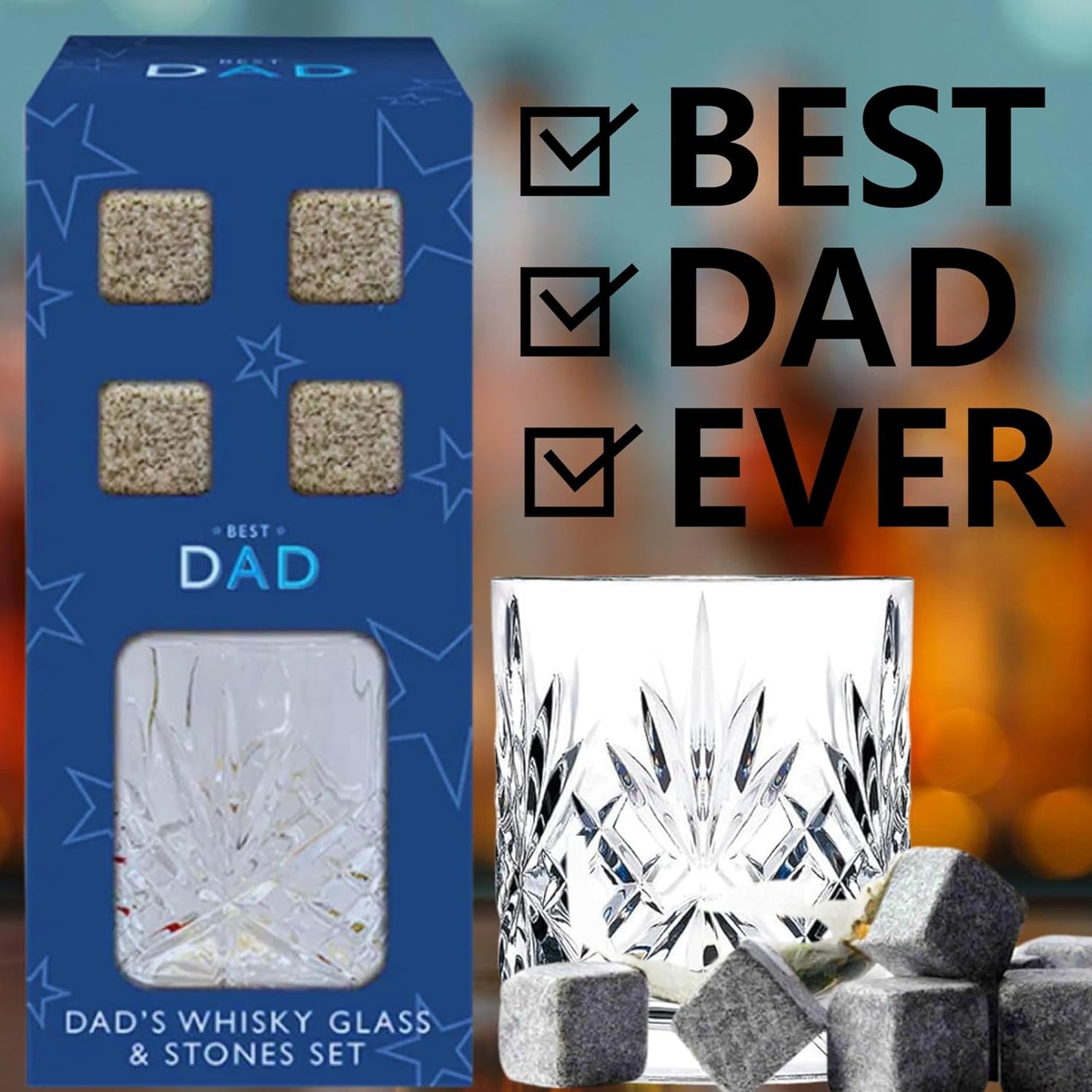 Dad gift set with whiskey stones and a sleek tumbler glass