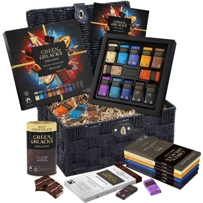 Green and Black’s chocolate selection with hot chocolate tin