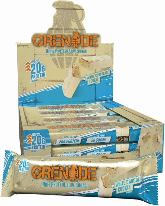 Grenade White Chocolate Cookie Protein Bar front packaging view, showcasing the high-protein, low-sugar snack.