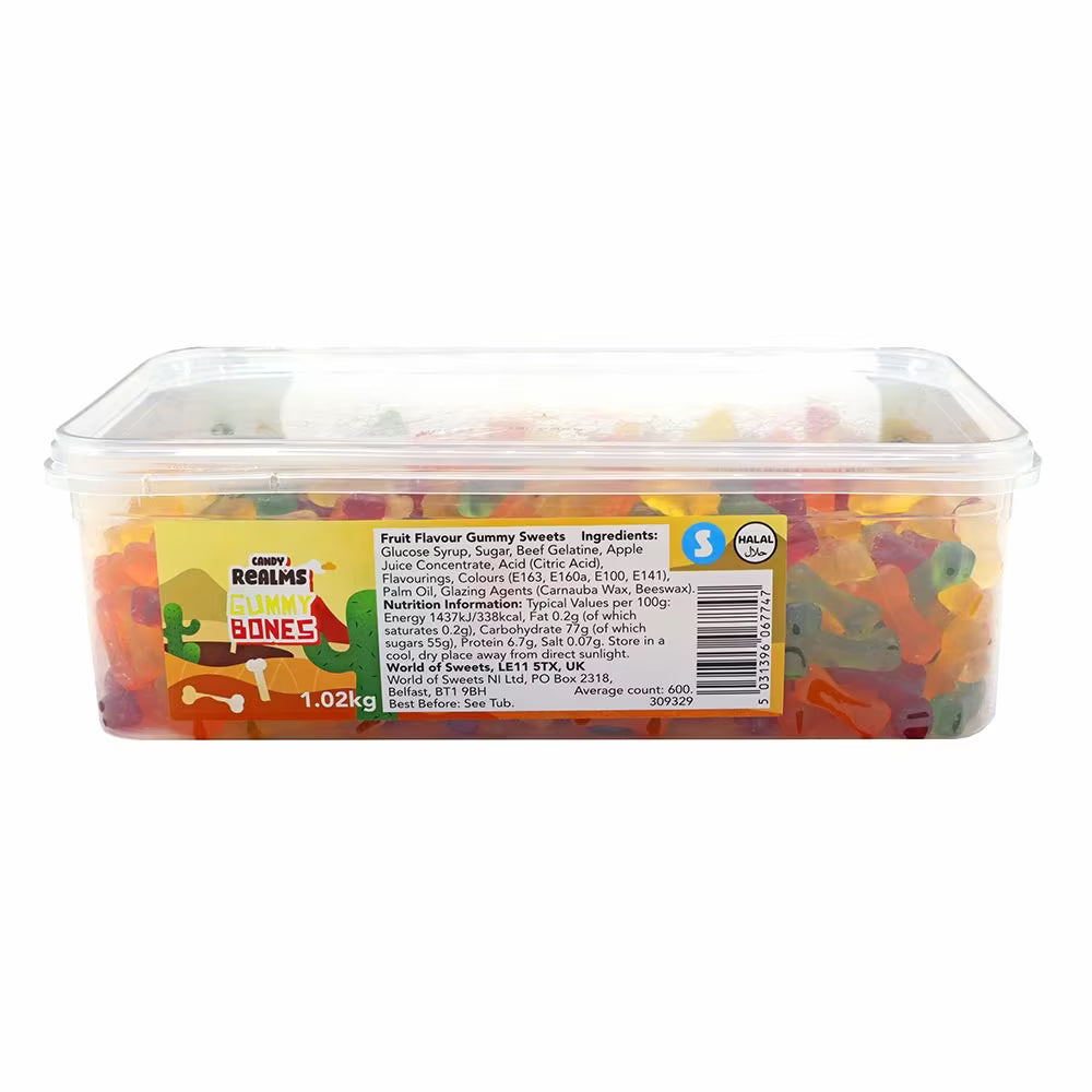 Bulk tub of Candy Realms fruit-flavoured gummy bones sweets
