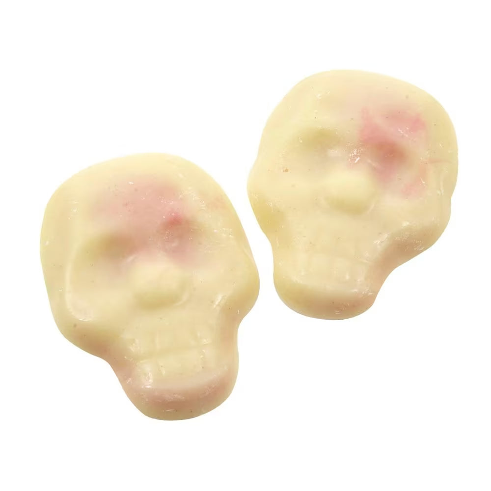 Strawberry and cream skull-shaped chewy candy in bulk tub