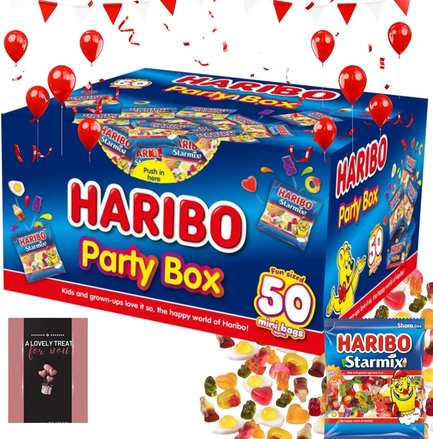 Assorted Haribo mini bags featuring fruity gummy candies in a 50-pack gift box