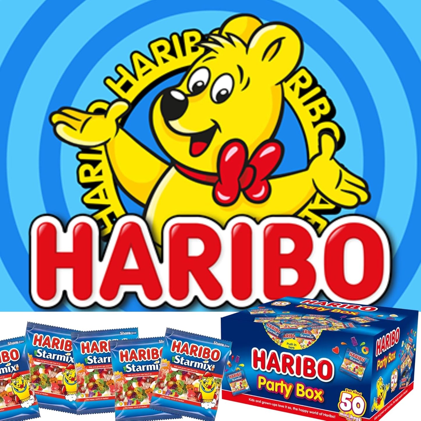 Haribo sweets gift box including 50 mini bags and personalized cards for gifting