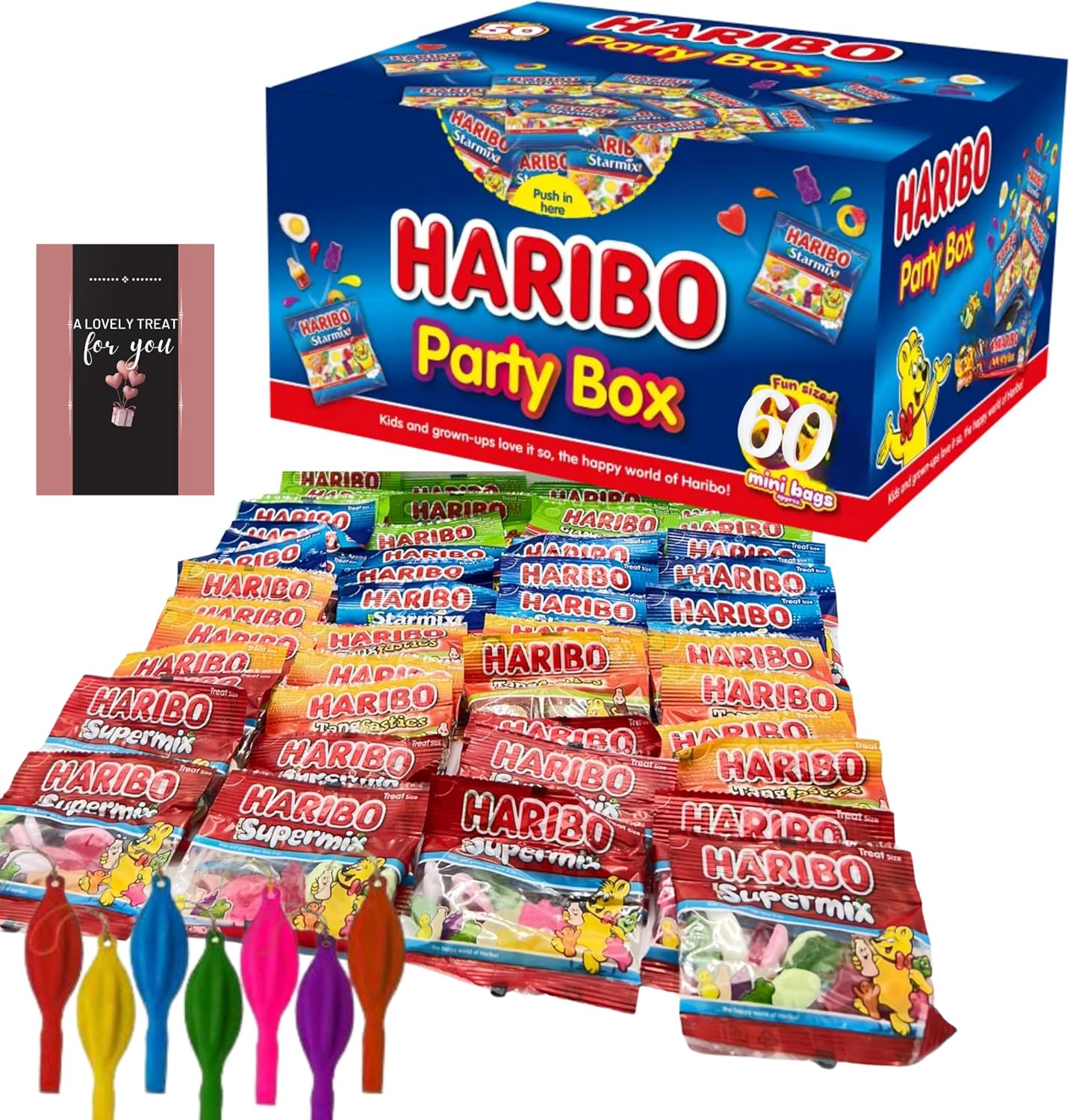Haribo gift box featuring mini sweets and colourful punch balloons