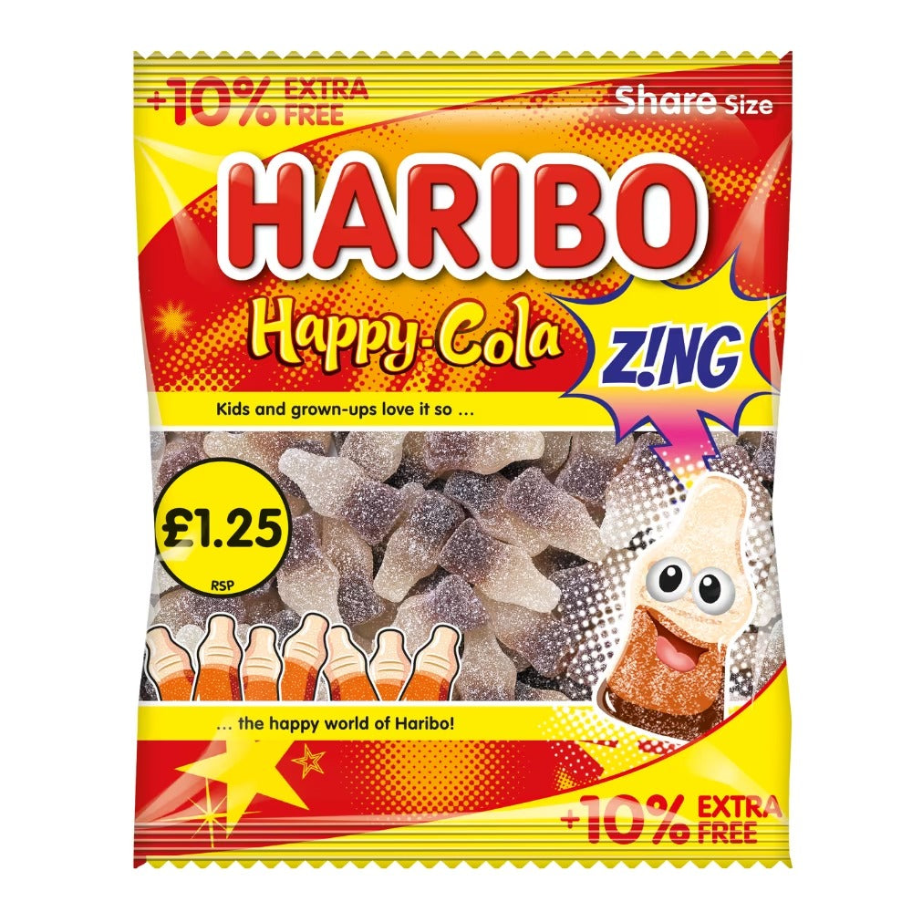 Haribo Happy-Cola Z!ng Bags 12 x 154g, perfect for party treats and sharing
