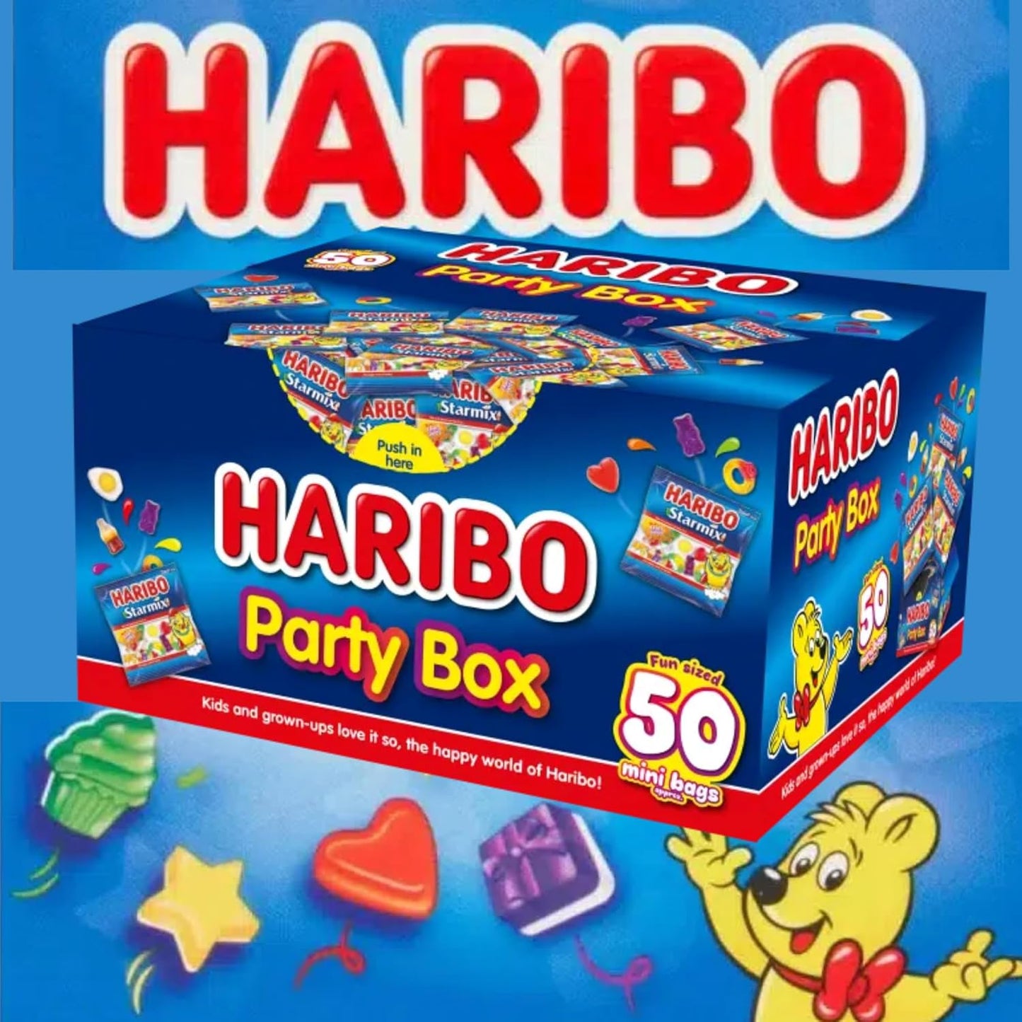 Fun and colorful Haribo mini bags party gift set with 50 assorted flavors and cards