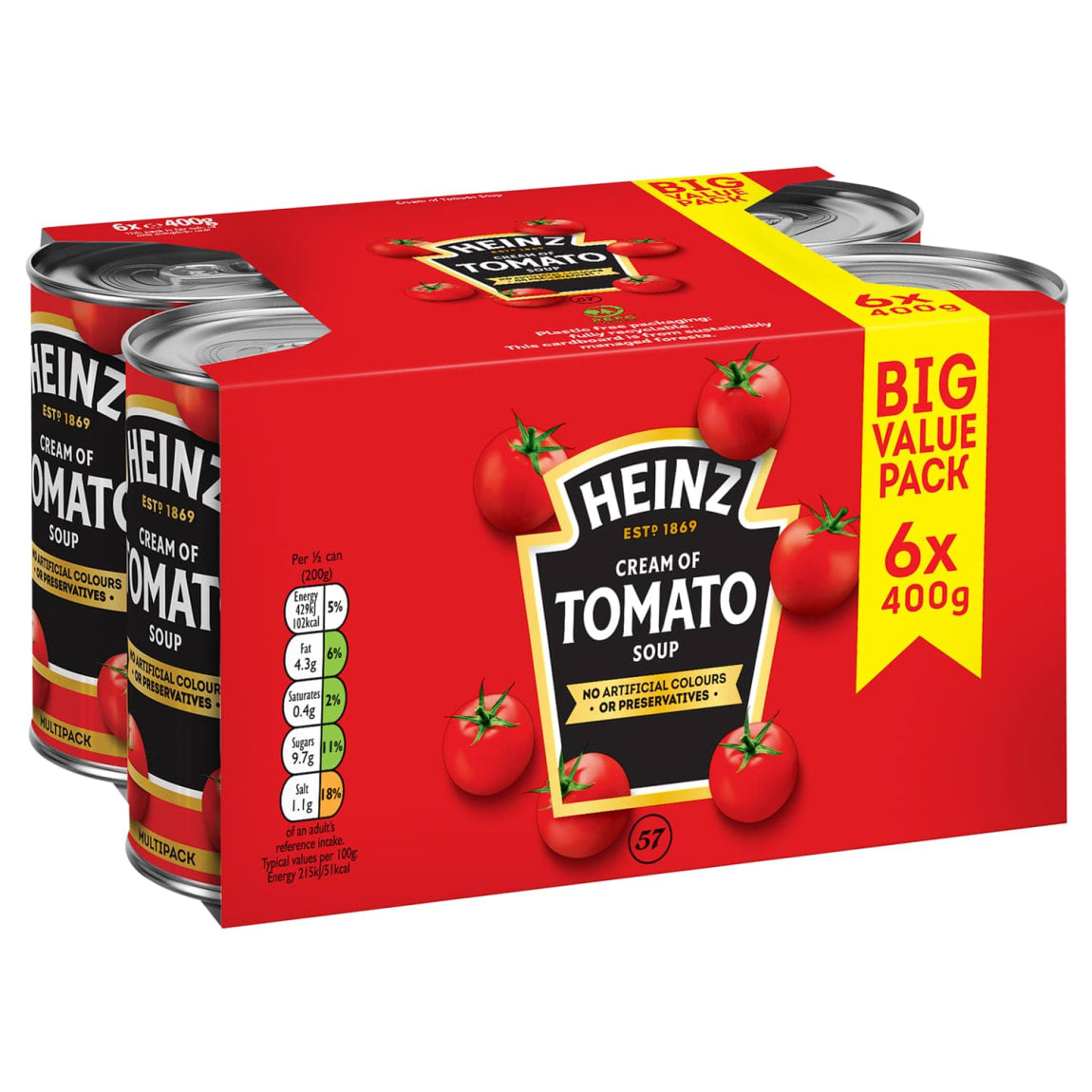 Heinz Tomato Soup Big Value Pack 6x400g tins with red tomato soup packaging.