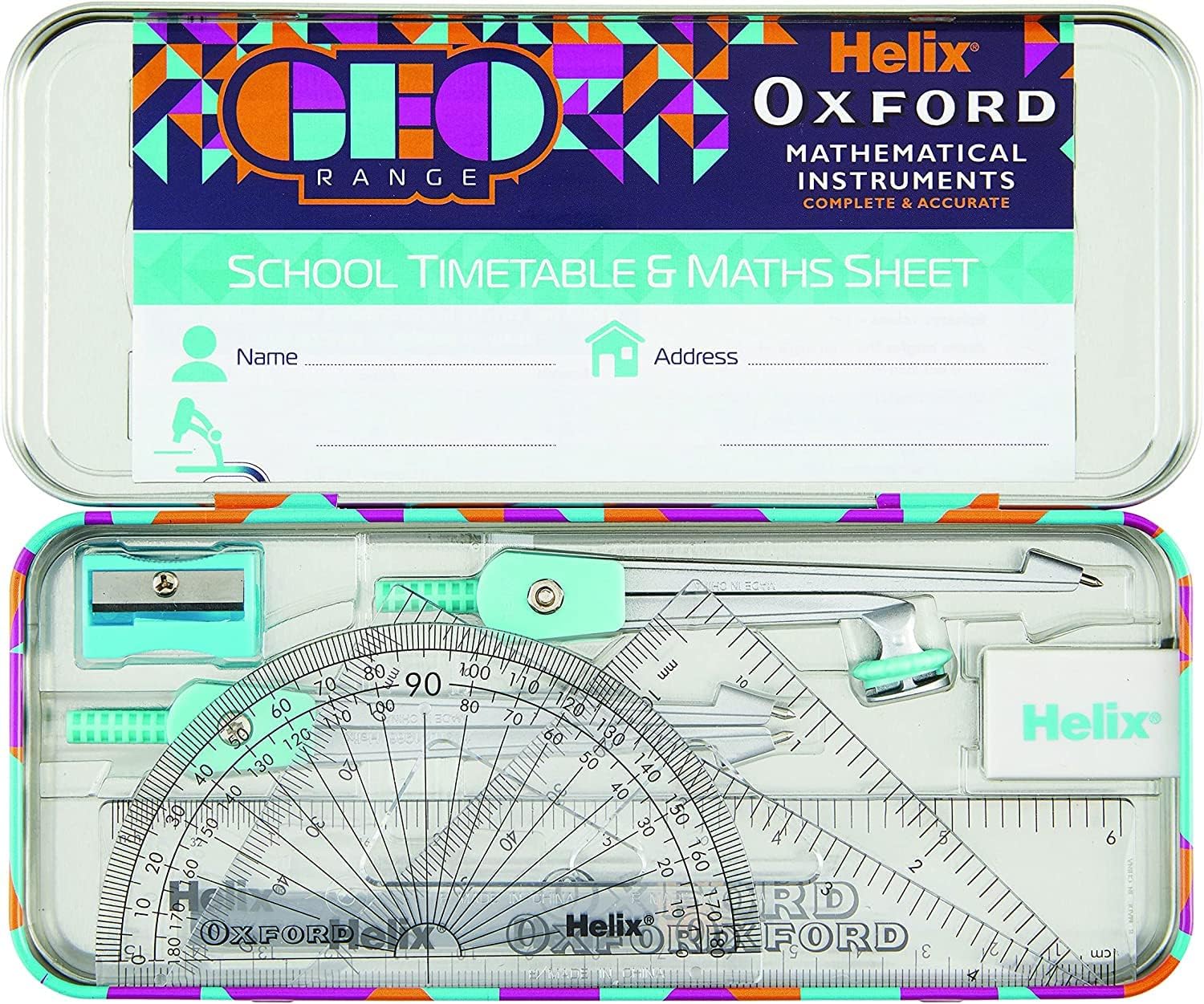 Helix Oxford geometry set in orange tin for students