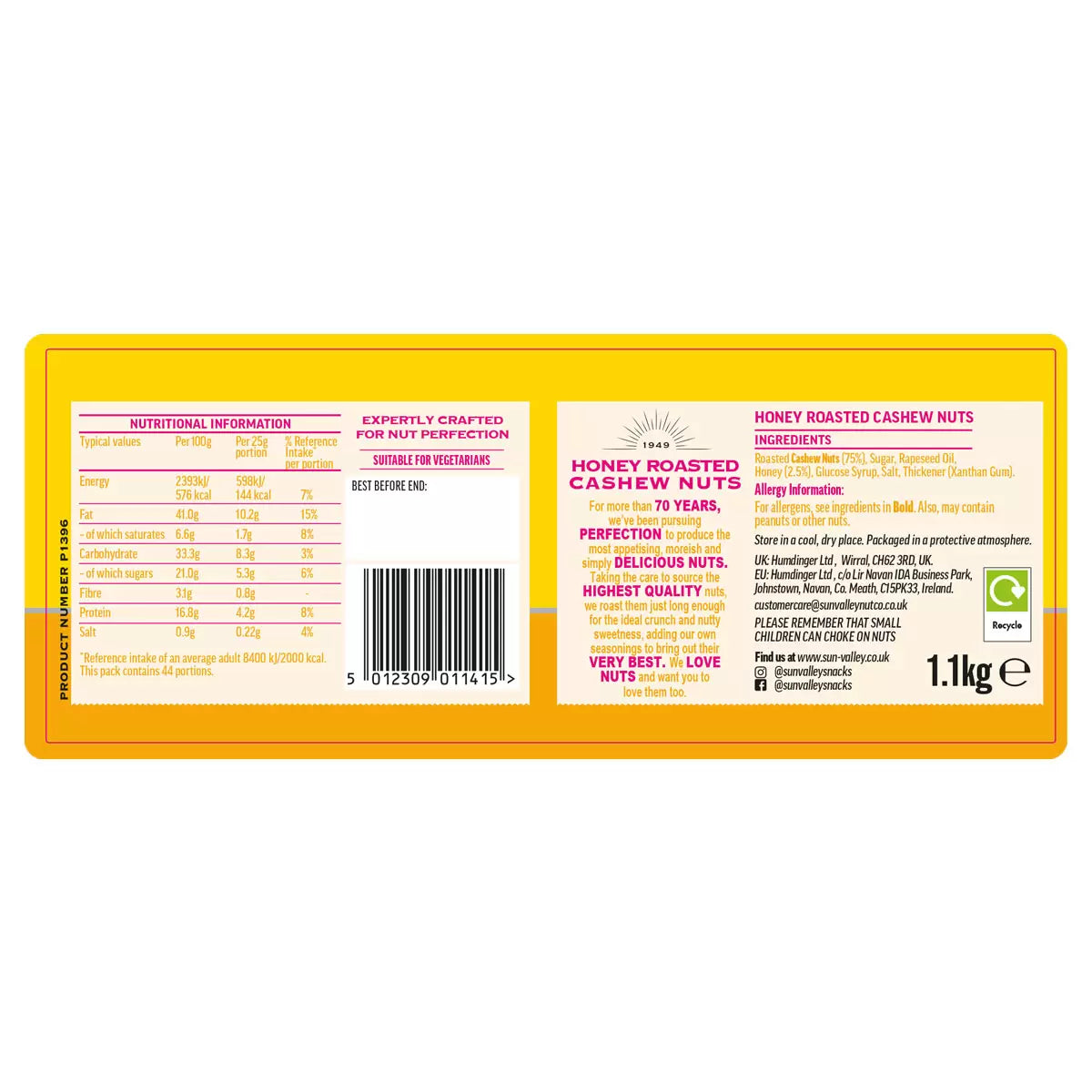 Premium cashews roasted with honey and salt in large 1.1kg tub