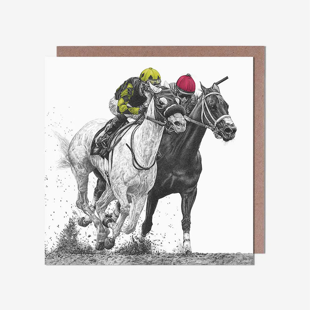 Horse Racing Blank Greeting Card featuring a stylish design, perfect for sending thoughtful messages and celebrations.