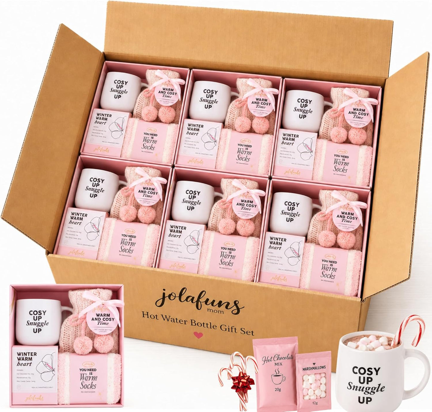 Box of 6 hot water bottle gift sets with cozy winter bundle