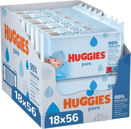 Huggies Pure, Baby Wipes, 18 Packs (1008 Wipes Total) - 99 Percent Pure Water Wipes - Fragrance Free for Gentle Cleaning and Protection - Natural Wet Wipes(packaging may vary)