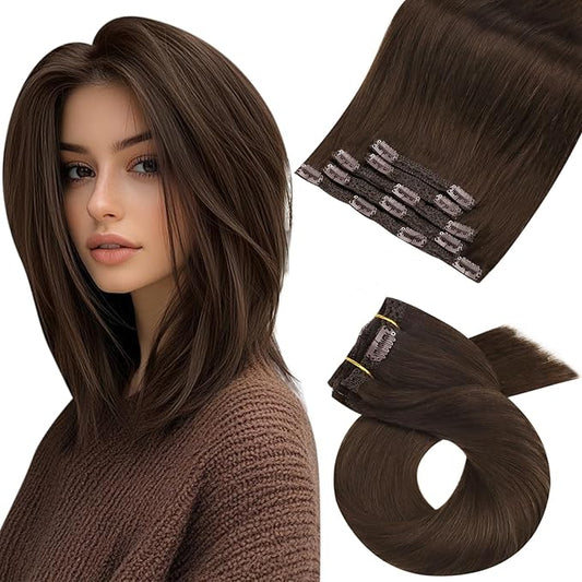 14-inch dark brown real human hair extensions clip-in set for women