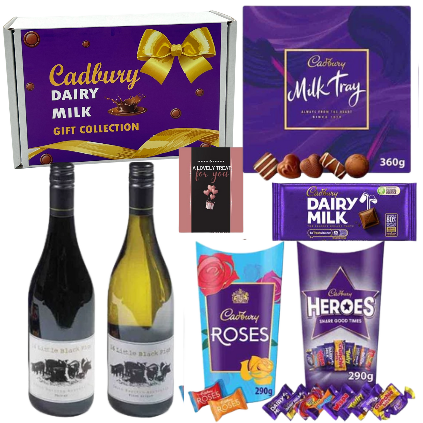 Indulgent gift basket with wine and chocolate treats