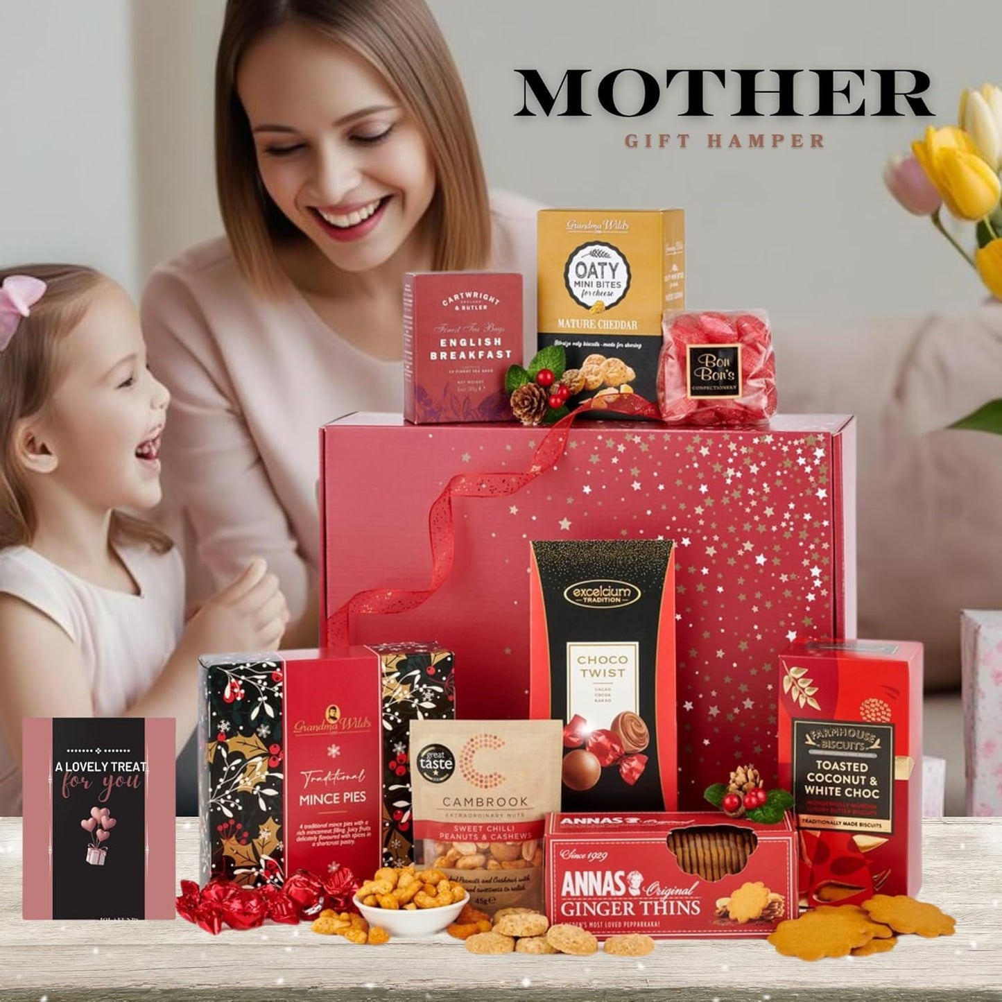 Assorted alcohol-free gourmet treats including nuts, dried fruits, and beverages