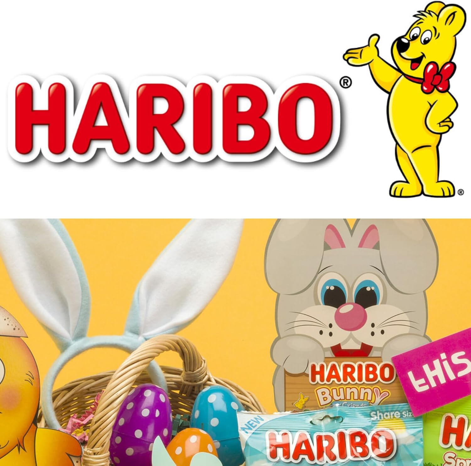Kid-friendly Easter hamper featuring chewy Haribo treats and activities