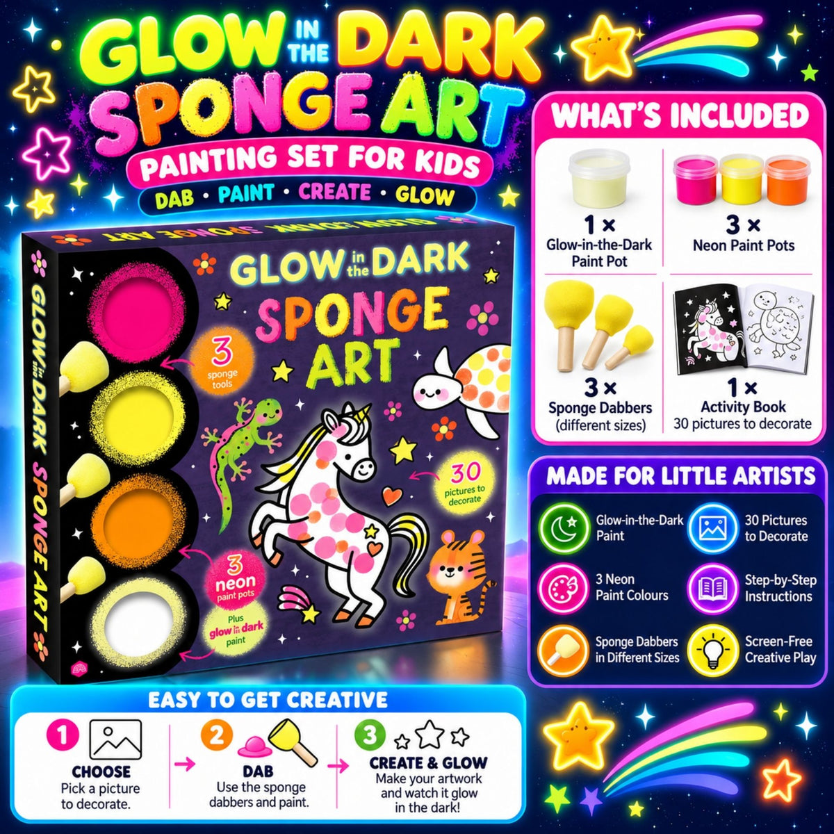 Children's sponge art kit with glow-in-the-dark paint