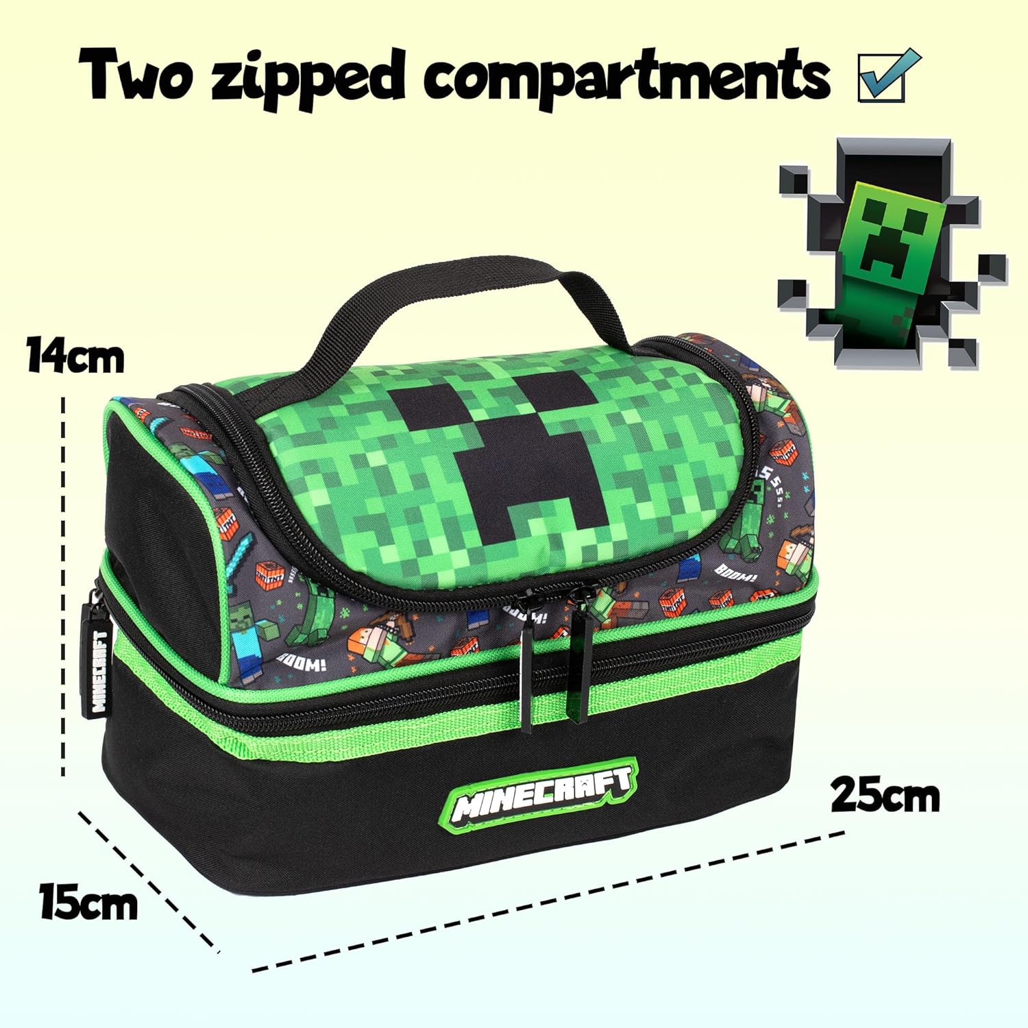 Pixelated Minecraft design lunch box for school