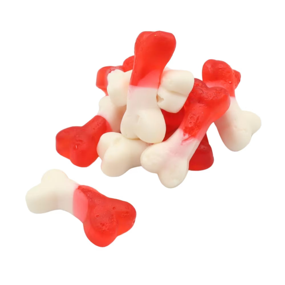 Fun bone-shaped strawberry jelly sweets in bulk 3kg bag