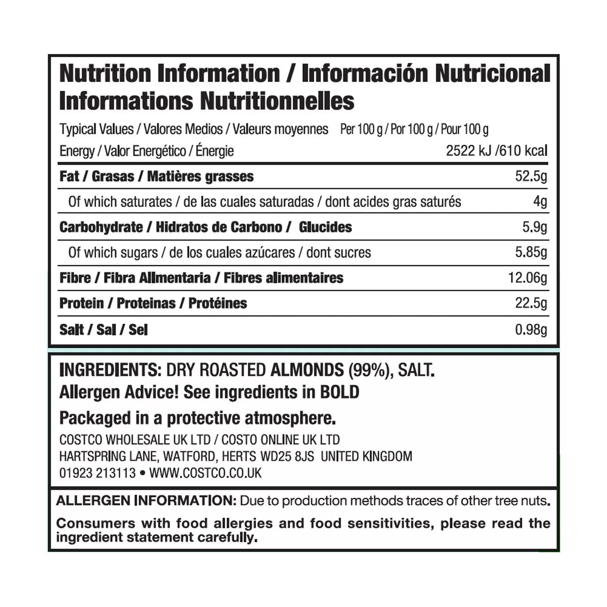Kirkland resealable bag of dry roasted almonds 1.13kg