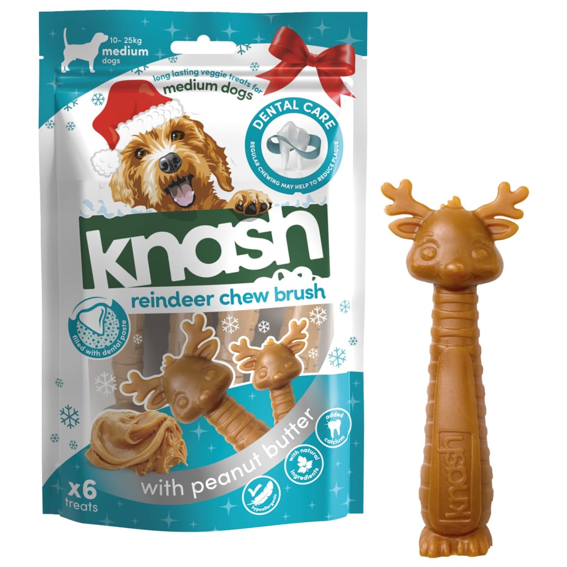 Knash Dental Reindeer Chew Brush 6pk for medium dogs