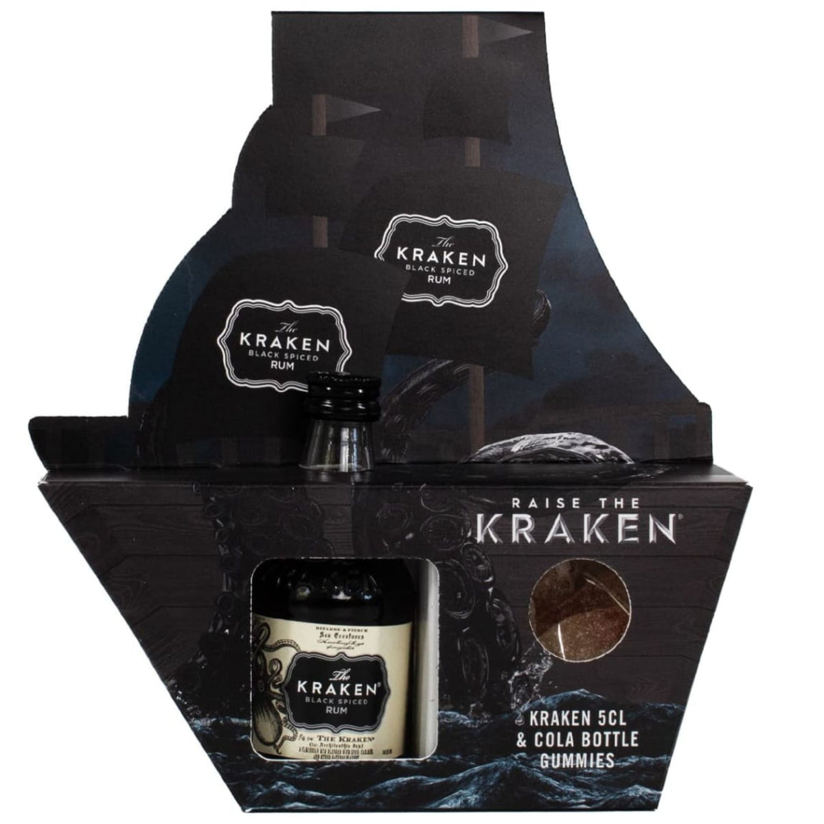 Miniature Kraken rum paired with cola bottle gummies